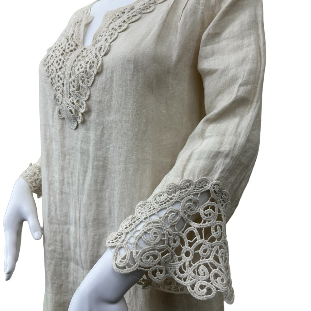 Italian Linen Beige Crochet Lace Summer Dress Coverup, XS